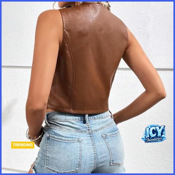 Women's PU Leather Fringe Vest Sleeveless Open Front Tassel Waistcoat - Picture 7 of 7